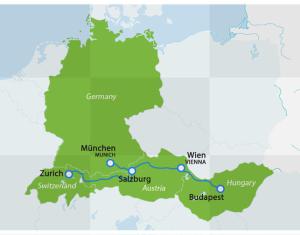Map of Munich-Salzburg-Vienna-Budapest