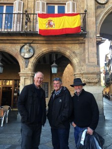 Three Amigos at Plaza Major with Spain Flag